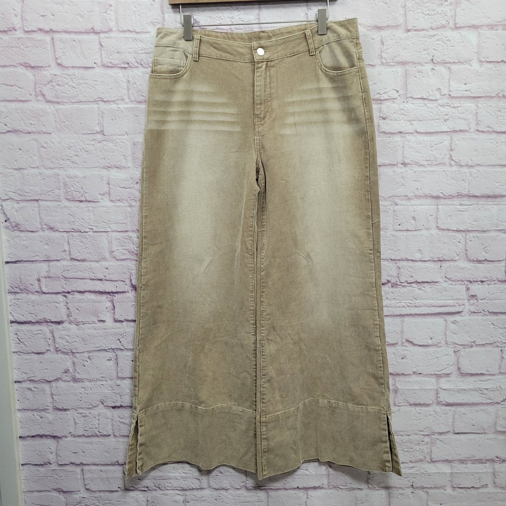 So Me Corduroy Wide Leg Pants Womens XL Beige Wide Leg Flared Side Slit Coastal